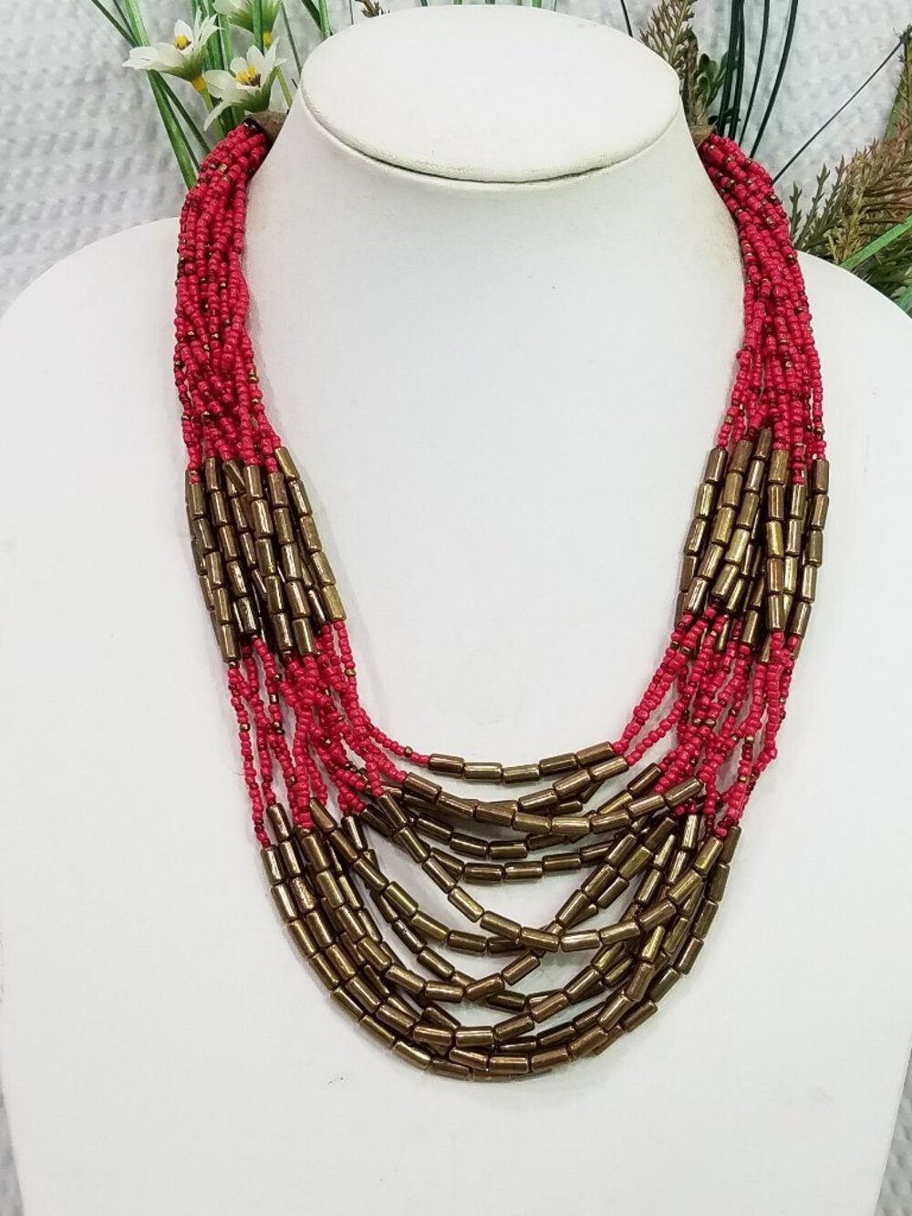 Red Seed Bead & Brass Tube Beads Multi Strand Torsade Choker Necklace